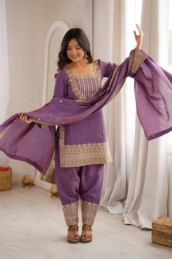 Mauve purple sequence dori zari embroidered nc vichitra silk kurta farshi shalwar set with dupatta
