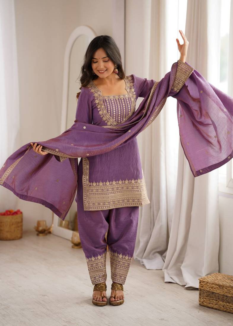Mauve purple sequence dori zari embroidered nc vichitra silk kurta farshi shalwar set with dupatta