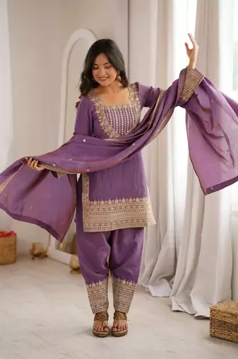Mauve purple sequence dori zari embroidered nc vichitra silk kurta farshi shalwar set with dupatta