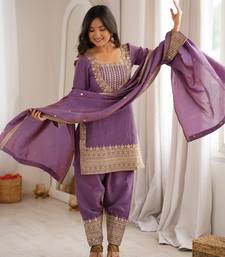 Mauve purple sequence dori zari embroidered nc vichitra silk kurta farshi shalwar set with dupatta