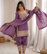 Mauve purple sequence dori zari embroidered nc vichitra silk kurta farshi shalwar set with dupatta