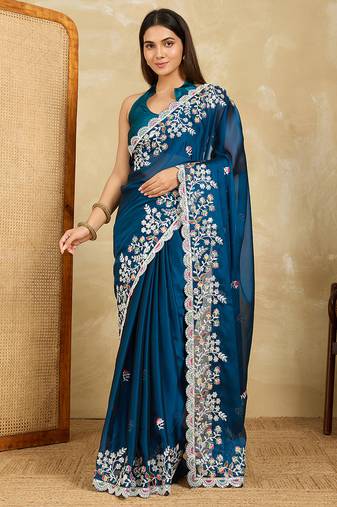 Teal embroidery work rangoli silk party wear saree with plain blouse piece