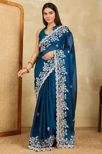 Teal embroidery work rangoli silk party wear saree with plain blouse piece