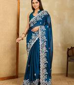 Teal embroidery work rangoli silk party wear saree with plain blouse piece