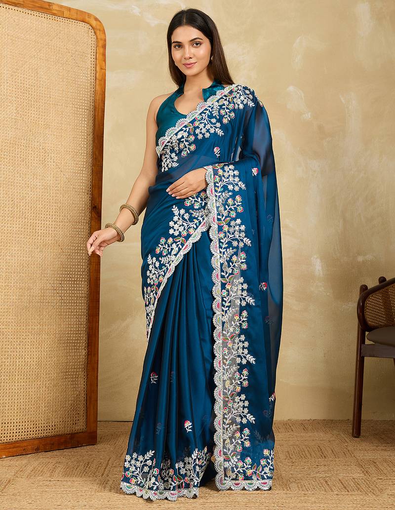 Teal embroidery work rangoli silk party wear saree with plain blouse piece