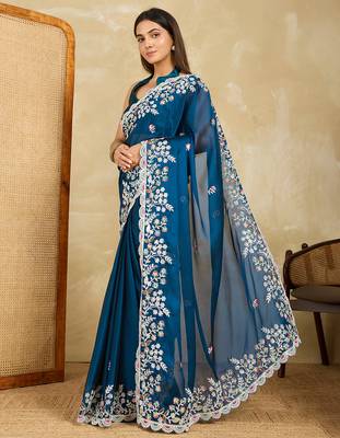 Teal embroidery work rangoli silk party wear saree with plain blouse piece 2