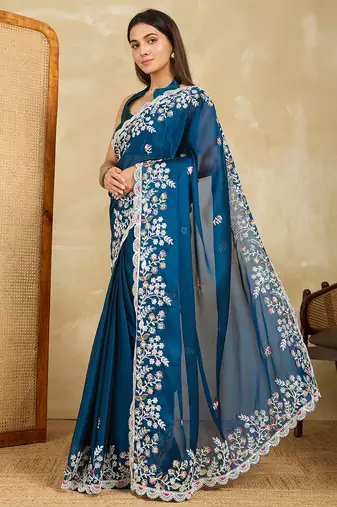 Teal embroidery work rangoli silk party wear saree with plain blouse piece