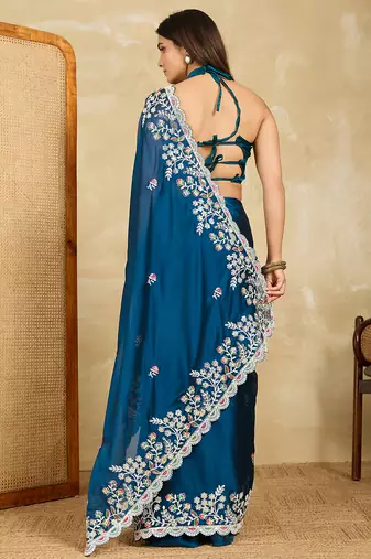 Teal embroidery work rangoli silk party wear saree with plain blouse piece