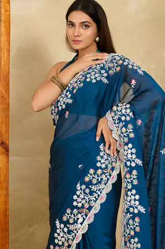 Teal embroidery work rangoli silk party wear saree with plain blouse piece