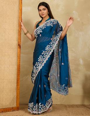 Teal embroidery work rangoli silk party wear saree with plain blouse piece 5