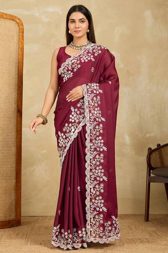 Wine embroidery work rangoli silk party wear saree with plain blouse piece