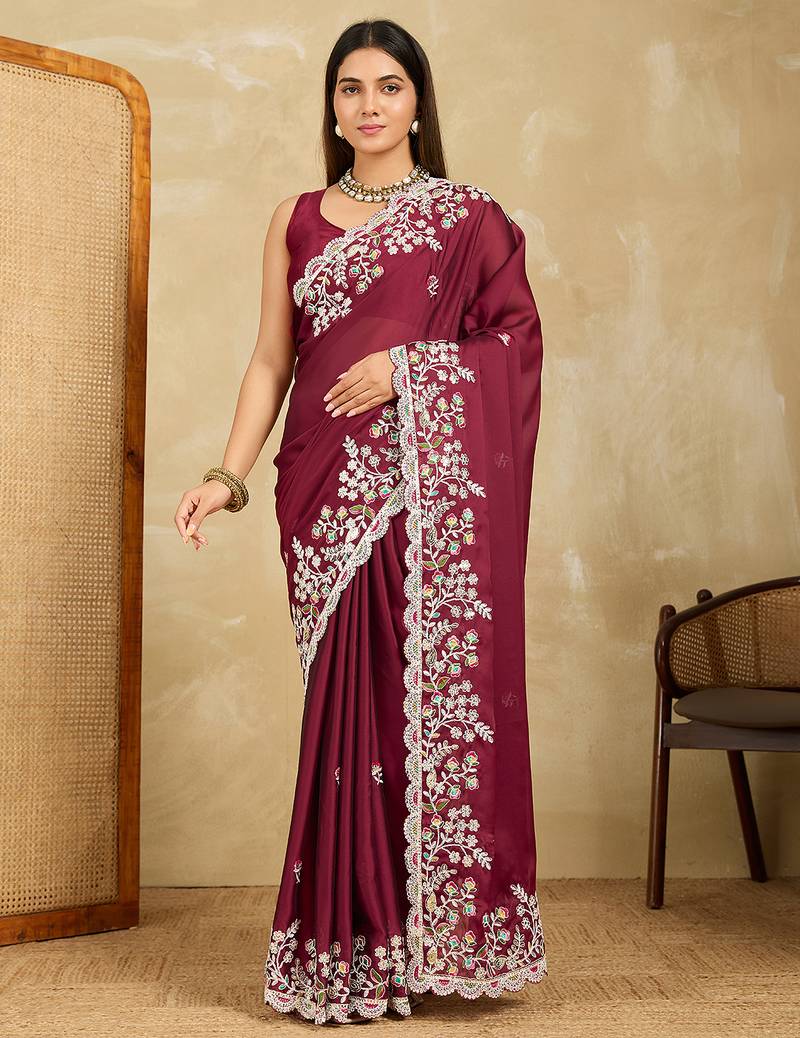 Wine embroidery work rangoli silk party wear saree with plain blouse piece