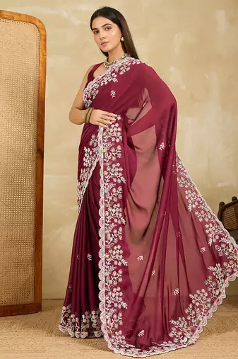 Wine embroidery work rangoli silk party wear saree with plain blouse piece