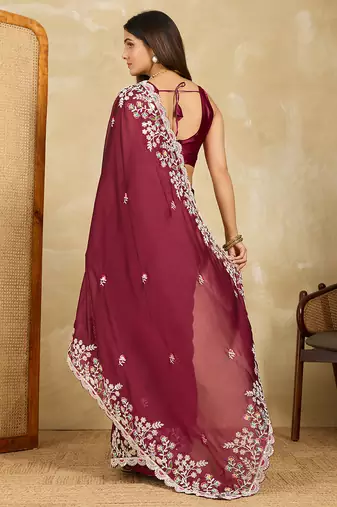 Wine embroidery work rangoli silk party wear saree with plain blouse piece