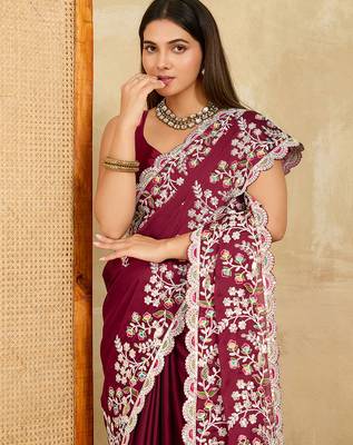 Wine embroidery work rangoli silk party wear saree with plain blouse piece 4