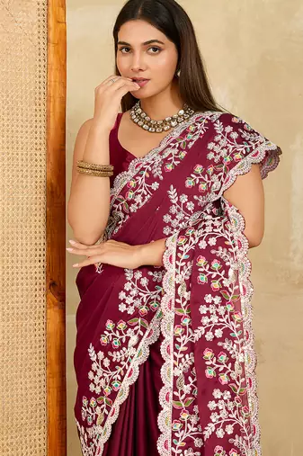 Wine embroidery work rangoli silk party wear saree with plain blouse piece