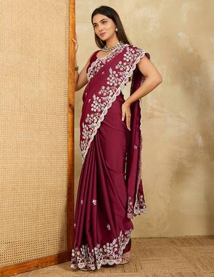 Wine embroidery work rangoli silk party wear saree with plain blouse piece 5