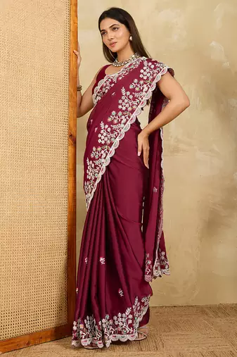 Wine embroidery work rangoli silk party wear saree with plain blouse piece