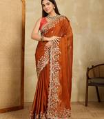 Rust embroidery work rangoli silk party wear saree with plain blouse piece