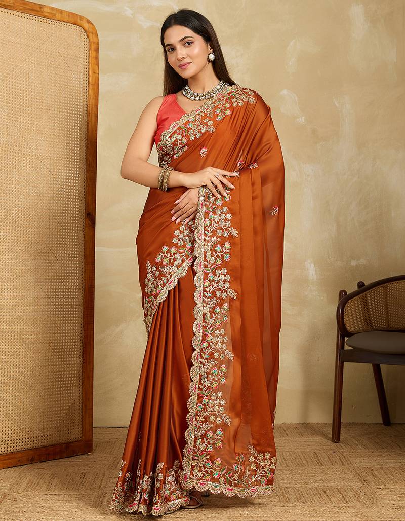 Rust embroidery work rangoli silk party wear saree with plain blouse piece