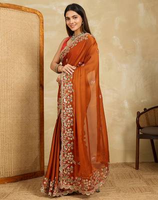 Rust embroidery work rangoli silk party wear saree with plain blouse piece 2