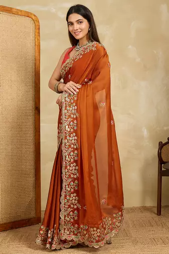 Rust embroidery work rangoli silk party wear saree with plain blouse piece