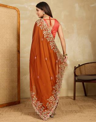 Rust embroidery work rangoli silk party wear saree with plain blouse piece 3