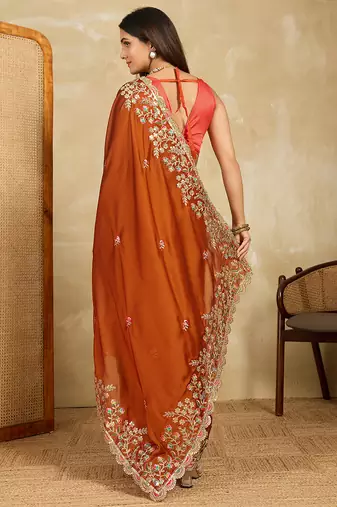 Rust embroidery work rangoli silk party wear saree with plain blouse piece
