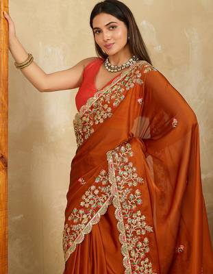 Rust embroidery work rangoli silk party wear saree with plain blouse piece 4
