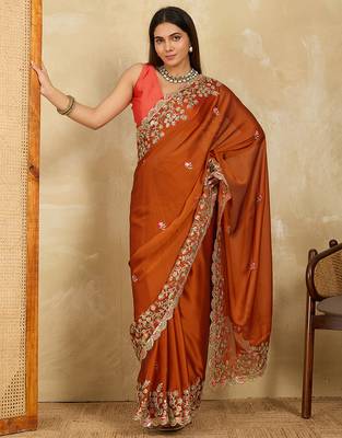 Rust embroidery work rangoli silk party wear saree with plain blouse piece 5