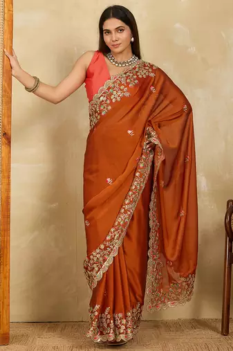 Rust embroidery work rangoli silk party wear saree with plain blouse piece