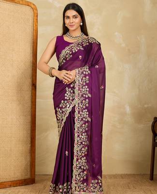 Purple embroidery work rangoli silk party wear saree with plain blouse piece 1