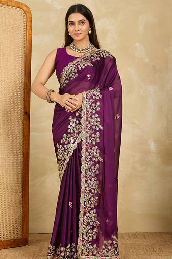 Purple embroidery work rangoli silk party wear saree with plain blouse piece