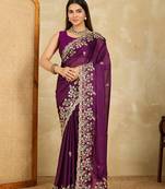 Purple embroidery work rangoli silk party wear saree with plain blouse piece