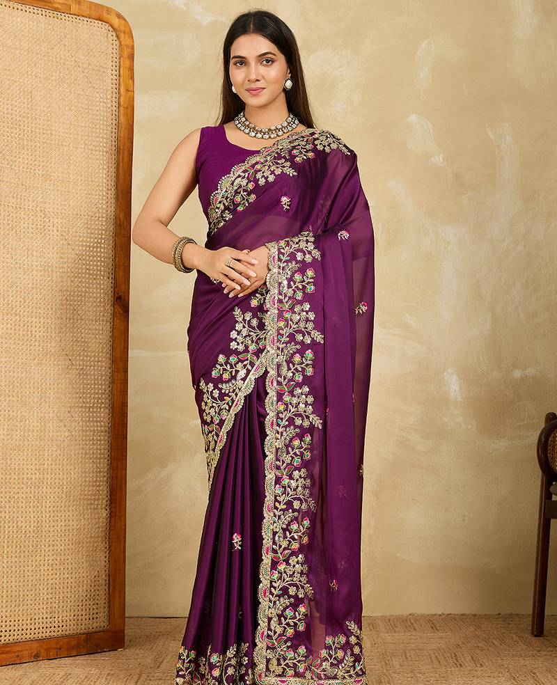 Purple embroidery work rangoli silk party wear saree with plain blouse piece