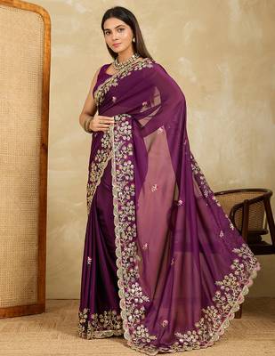 Purple embroidery work rangoli silk party wear saree with plain blouse piece 2