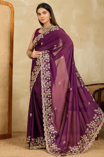 Purple embroidery work rangoli silk party wear saree with plain blouse piece