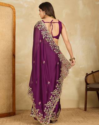 Purple embroidery work rangoli silk party wear saree with plain blouse piece 3