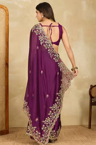 Purple embroidery work rangoli silk party wear saree with plain blouse piece