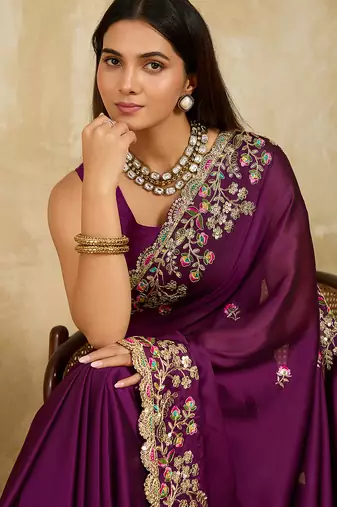 Purple embroidery work rangoli silk party wear saree with plain blouse piece