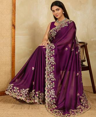 Purple embroidery work rangoli silk party wear saree with plain blouse piece 5