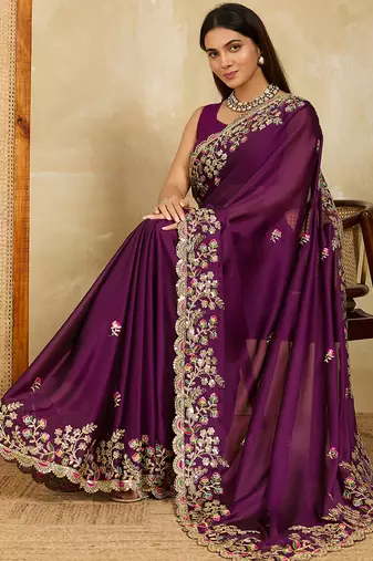 Purple embroidery work rangoli silk party wear saree with plain blouse piece