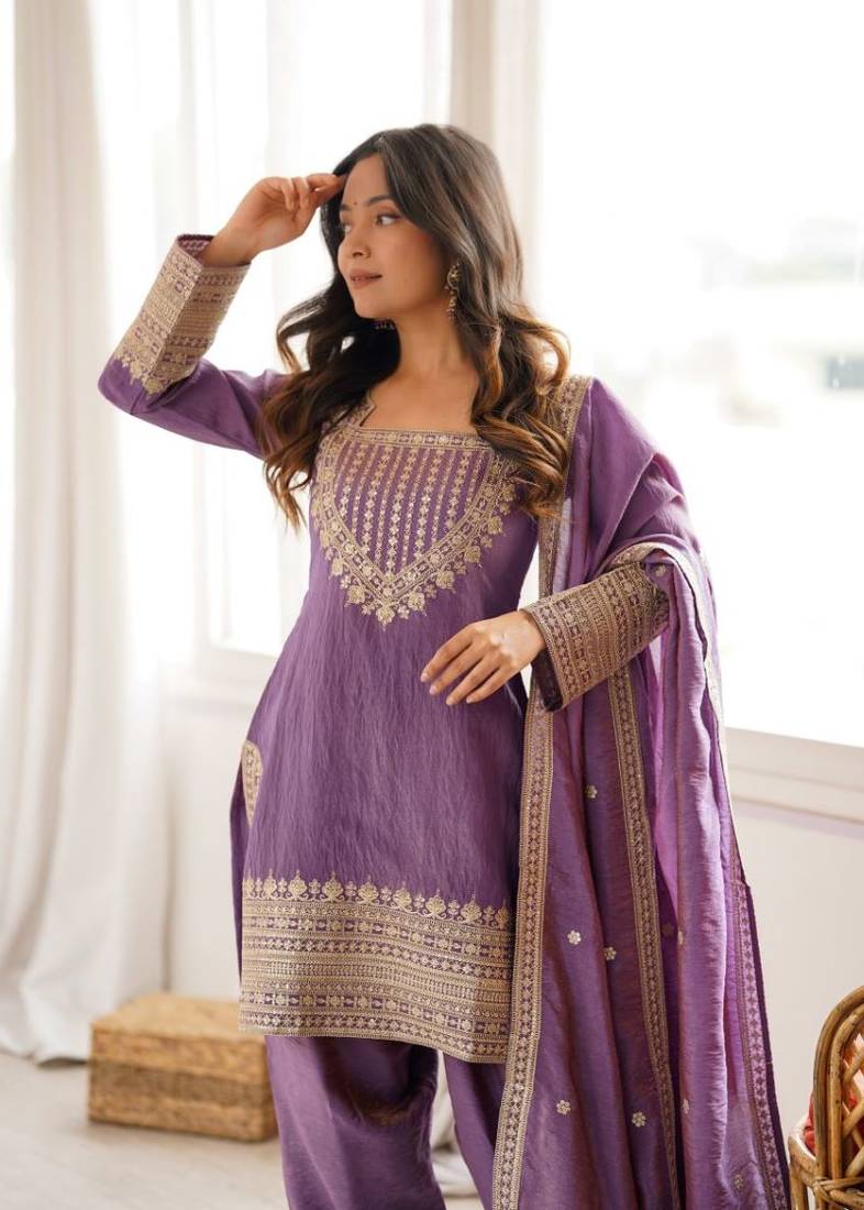 Mauve purple sequence dori zari embroidered nc vichitra silk kurta farshi shalwar set with dupatta