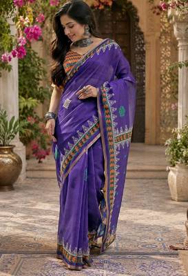 Purple orange linen digital print work saree with unstitched blouse piece 1