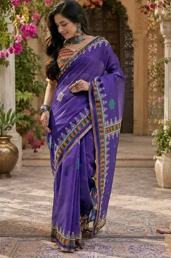 Purple orange linen digital print work saree with unstitched blouse piece