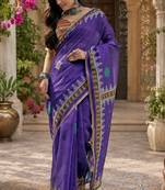 Purple orange linen digital print work saree with unstitched blouse piece