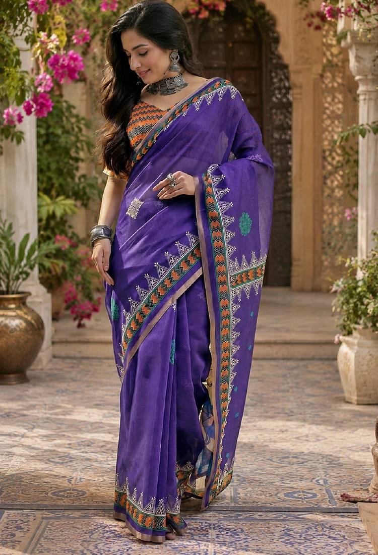Purple orange linen digital print work saree with unstitched blouse piece