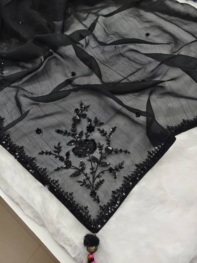 Black embroidery crush tissue fancy saree with blouse piece
