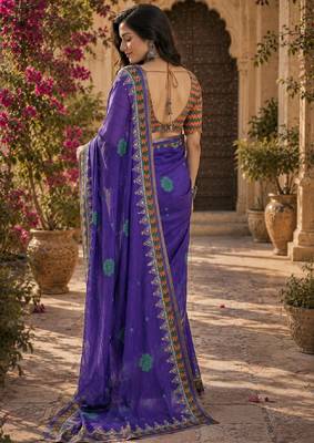 Purple orange linen digital print work saree with unstitched blouse piece 3