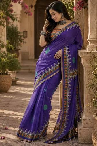 Purple orange linen digital print work saree with unstitched blouse piece